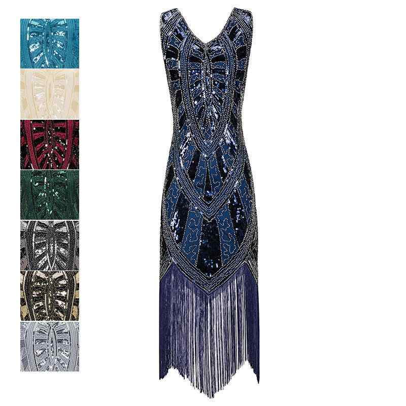 ドレス レディース 欧米風 1920年代 レトロ スパンコール ビーズ フリンジ ノースリーブ ミモレ丈 レース素材 スレンダーライン ワンピース パーティード...