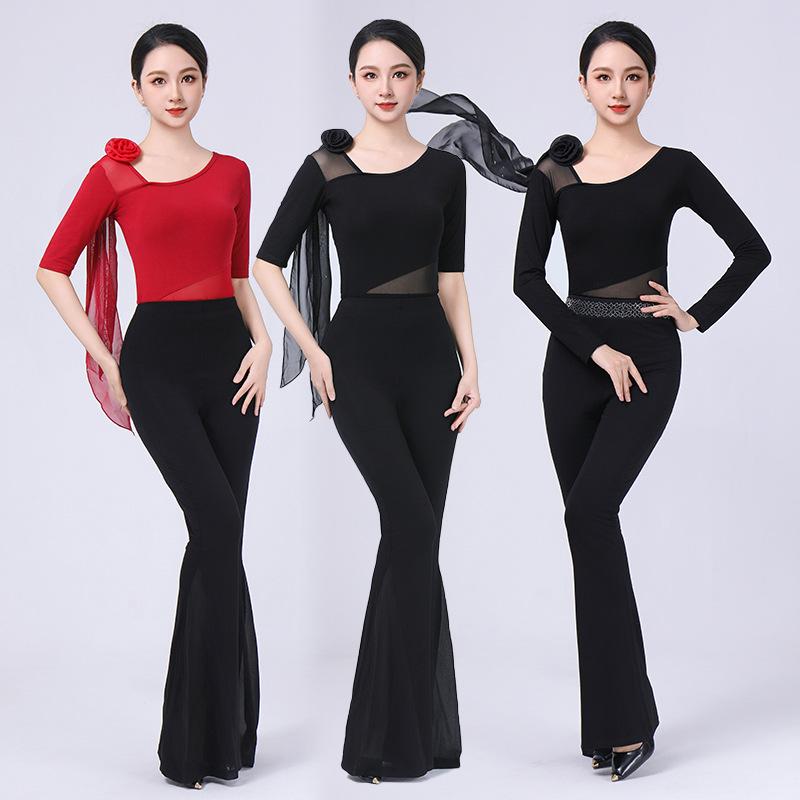 ダンスウェア レディース レッスン着 セットアップ ハイウエスト フレアパンツ 体型カバー 吸汗速乾 ス..