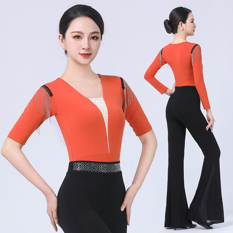 ダンスウェア レディース モダール Vネック ビーズ装飾 セットアップ 姿勢改善 ウォーキング トレーニング レッスン着 オールシーズン エレガント 舞台衣装