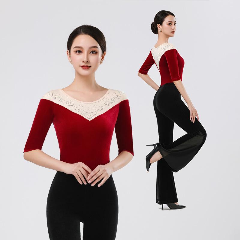ダンスウェア レディース ベロアトップス フレアパンツ 上下セット 高級感 講師向け レッスン着 体型カバー 姿勢サポート 社交ダンス バレエ ラテン ヨガ フ...