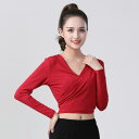 ダンスウェア レディース 大人用 モダール 長袖 ハイウエスト ショート丈 ウエストリボン トップス 現代舞 ラテンダンス レッスン着 春夏秋 無地