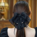 ヘアアクセサリー レディース フレンチエレガント ロングリボン チュール シフォン バンスクリップ ポニーテール 高級感 通勤 大人可愛い 手作り 秋冬