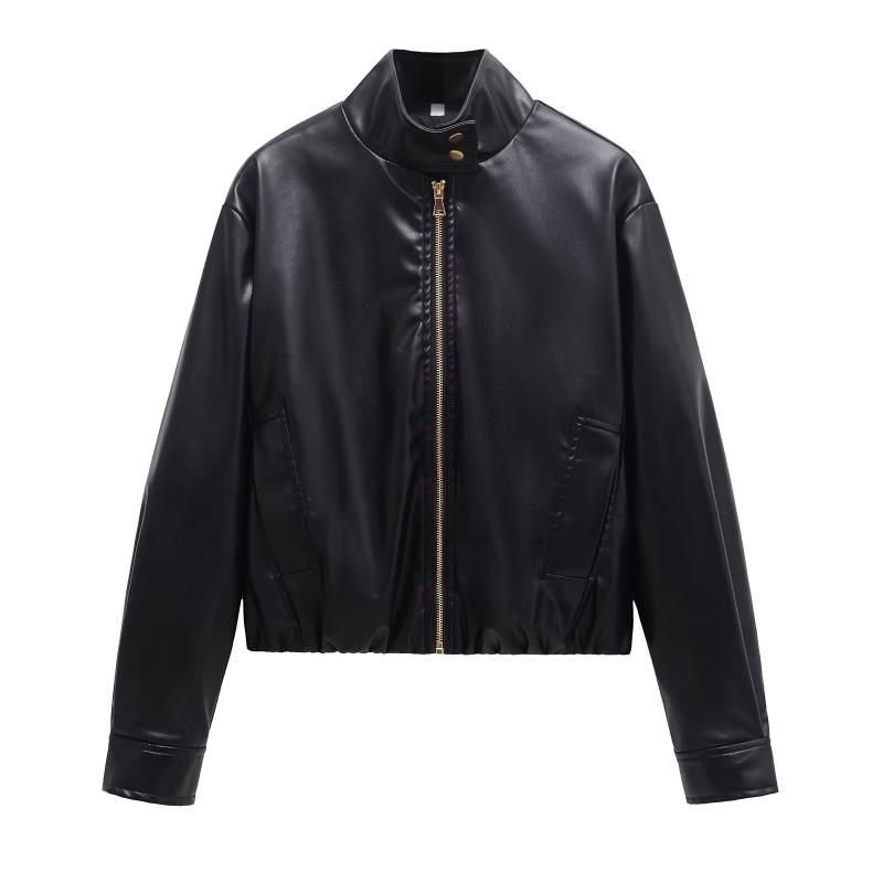 ライダースジャケット レディース PUレザー ショート丈 ジップアップ スタンドカラー アメリカン レトロ 欧米風 トレンド ファッション 着回し ストリート 春アウター