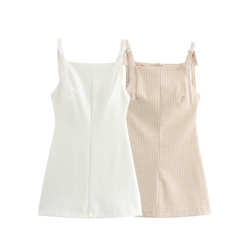 ワンピース レディース セクシー タイト ミニ丈 スクエアネック ストラップ チェック柄 春夏 ビーチ リゾート 海外風 ハイウエスト ポリエステル ストレッチ素材