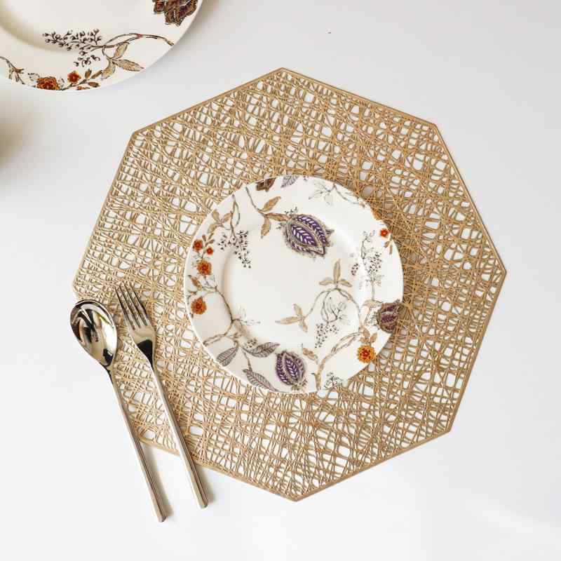 ランチョンマット PVC製 耐熱 八角形 シンプル 不規則な透かし模様 金箔加工 メタリックカラー 高級感 食卓用 ディスプレイ装飾(x10)