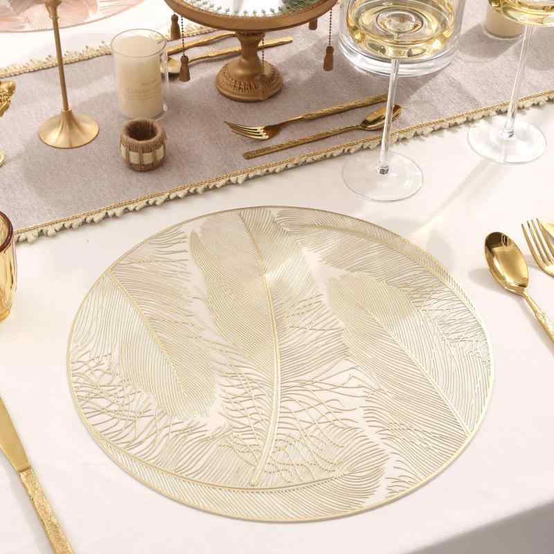 ランチョンマット PVC製 羽根柄 北欧デザイン 耐熱 断熱 防水 防汚 食卓 ダイニング用 おしゃれ ホテル レストラン 業務用 家庭用 来客用 ゴールド シルバー ローズゴールド(x5)