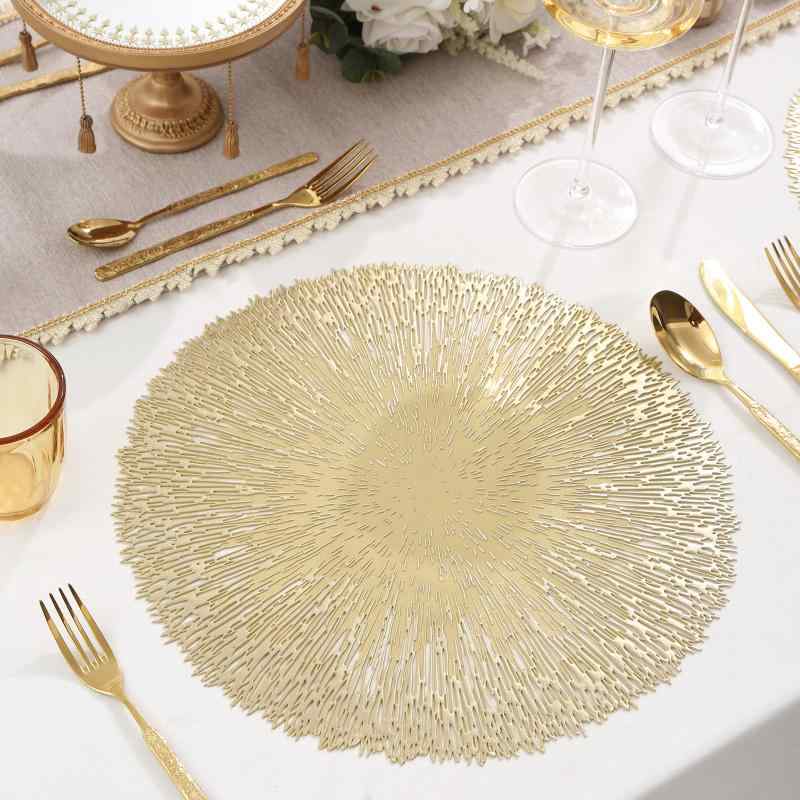 ランチョンマット PVC製 耐熱 断熱 金箔押し ホットスタンピング 花火柄 北欧風 モダン 円形 丸型 ダイニング コースター テーブルマット ゴールド シルバー ローズゴールド(x6)
