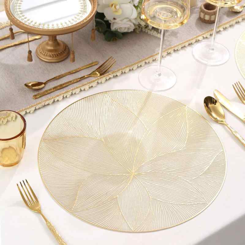 ランチョンマット PVC素材 箔押し加工 北欧風 モダン おしゃれ 高級感 丸型 ゴールド シルバー ローズゴールド 食卓 ダイニング用 テーブルウェア お手入れ簡単(x6)