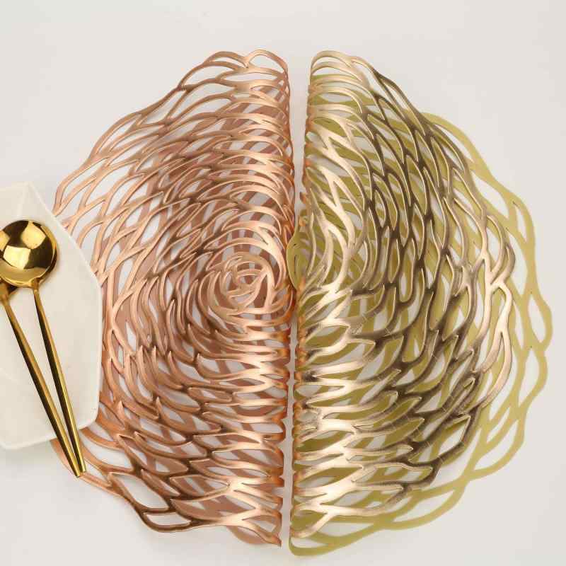 ランチョンマット PVC 箔押し ローズデザイン 透かし彫り 円形 テーブルマット ヨーロピアン 上品 エレガント 結婚式 パーティー 食卓 ゴールド シルバー ローズゴールド コースター