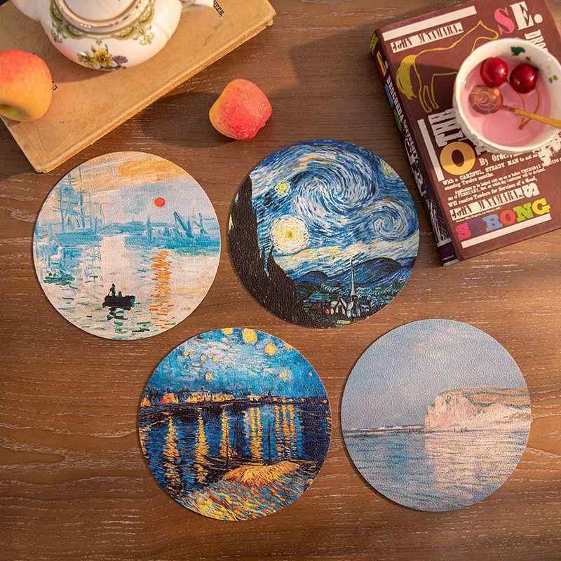 コースター 油絵風 レザー製 断熱マット 円形 丸型 おしゃれ かわいい 北欧 リビング ダイニング 食卓 テーブルウェア インテリア雑貨