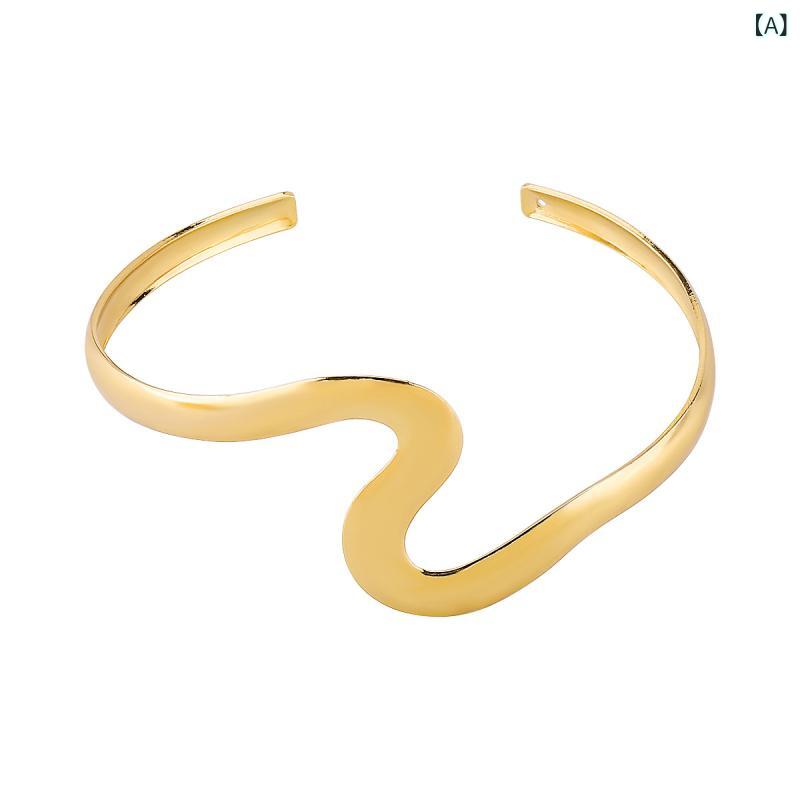 モズラボのバングル 欧米風 レトロ 波型 凹凸デザイン 個性的 おしゃれ シンプルデザイン メタル製 電気メッキ加工 オープンタイプ 通勤スタイル カジュアル｜アングル2