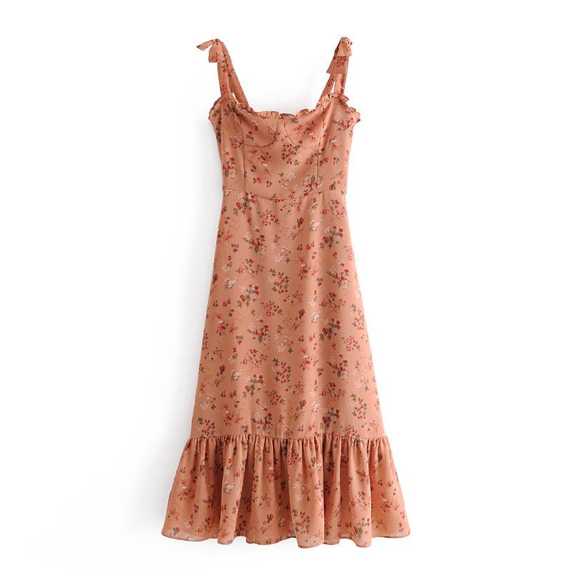 ワンピース レディース フレンチ レトロ 小花柄プリント スリムフィット キャミワンピース ミモレ丈 リボン シフォン 春夏 エレガント 通勤 ハイウエスト フレアスカート