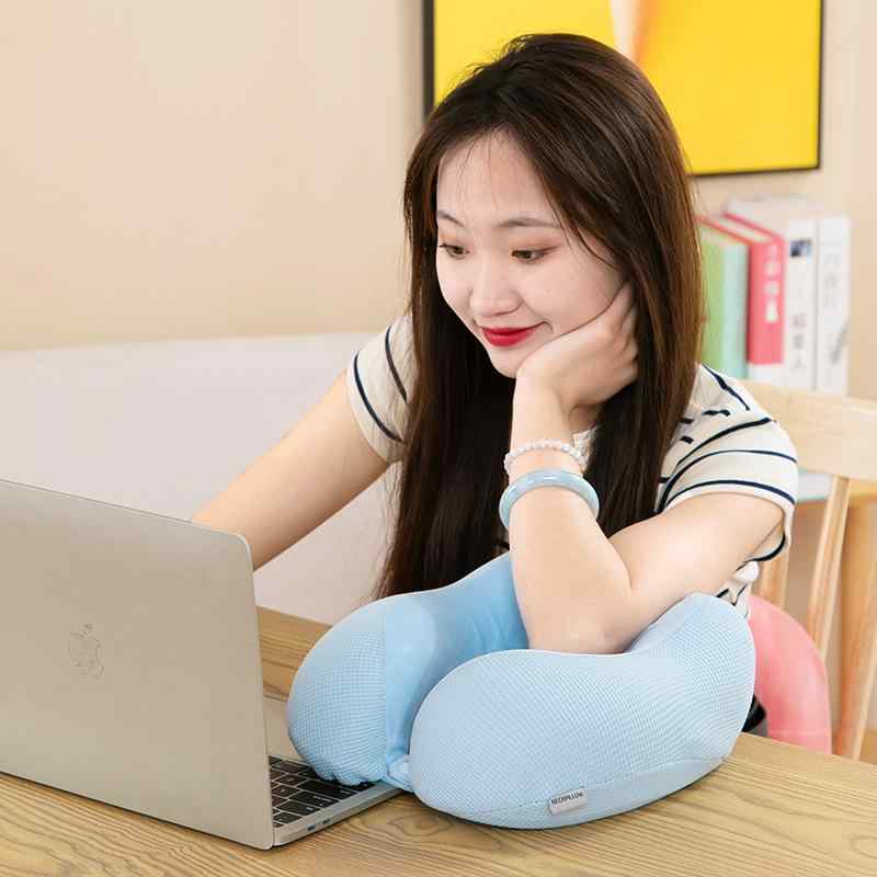 U字型ネックピロー 低反発 首サポート 携帯用 トラベル ドライブ 車中泊 フライト 機内 首枕 クッション 男女兼用 ポリエステル綿 ワッフル生地 グレー ピンク ブラウン グリーン