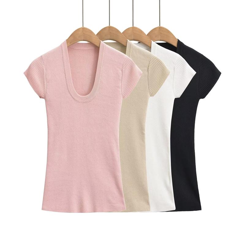 ニットトップス レディース 春夏 Uネック 半袖 薄手 ストレッチ スリムフィット 着痩せ ショート丈 無地 セクシー 甘辛スタイル カジュアル きれいめ レーヨン ナイロン混紡