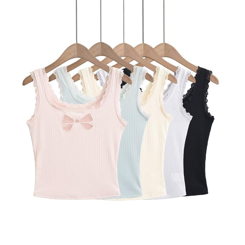 キャミソール レディース ショート丈 リボン 透かし編み レースフリル 刺繍 スリムフィット インナー トップス 純欲系 セクシー 大人カジュアル ホワイト