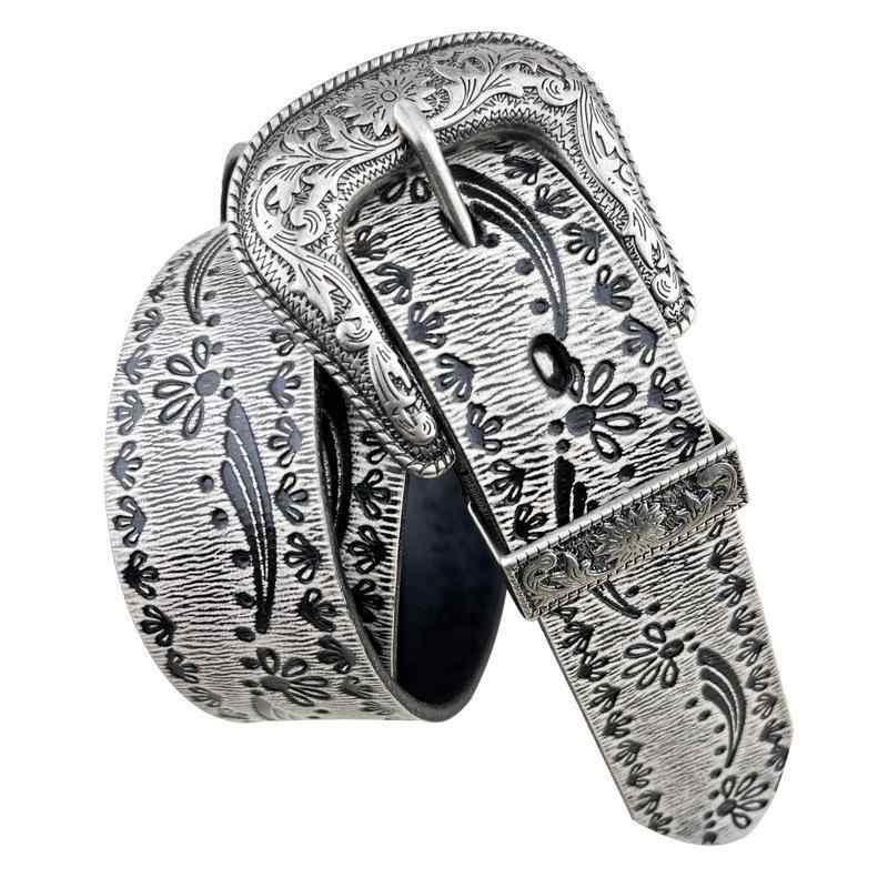 ベルト メンズ レディース 型押し 本革 牛革 ヴィンテージ レトロ パンク エスニック ボヘミアン 花柄 フラワー ピンバックル 合金バックル アンティーク加工 カジュアル ファッション小物