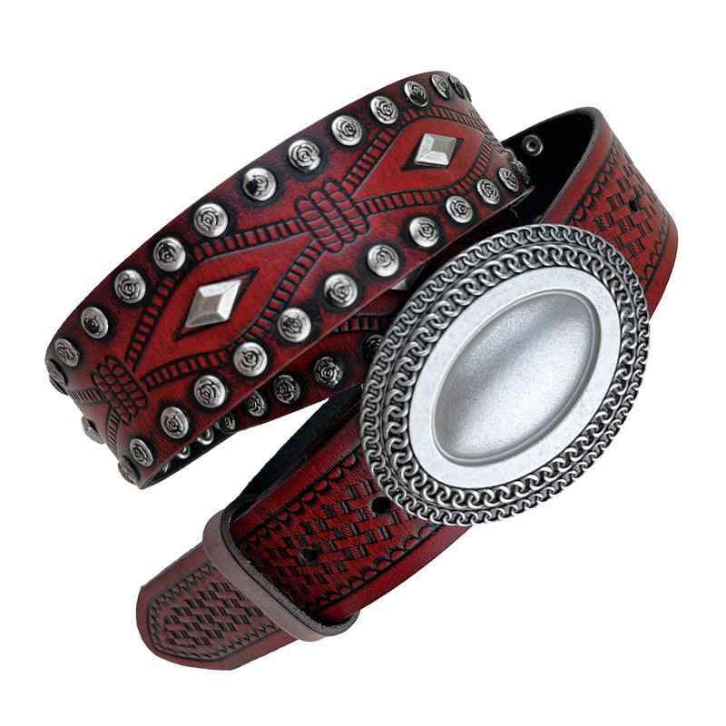 ベルト ユニセックス 本革 上質牛革 型押し バイカラー スタッズ プレートバックル 個性的 ストリート カジュアル 菱形模様 スクエアスタッズ 重厚感 合金バックル(4)