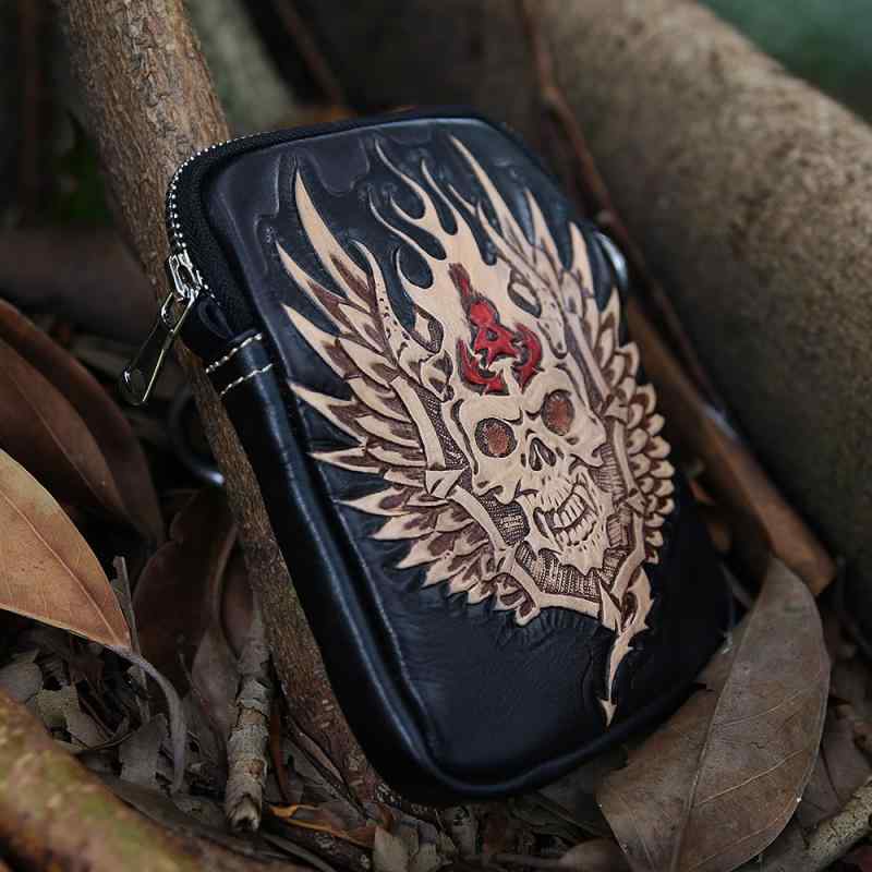 腰包 メンズ 牛革 本革 スカル柄 ファイヤーパターン レトロ 多機能 小型 ウエストポーチ 縦型 斜め掛..
