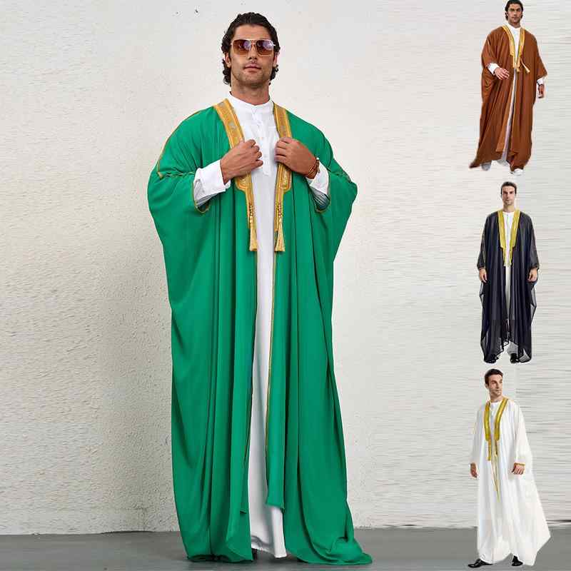 ローブ メンズ イスラム民族衣装 刺繡 配色切り替え シフォン ロング丈 ポリエステル素材 軽量 春秋 カジュアルスタイル チュニック
