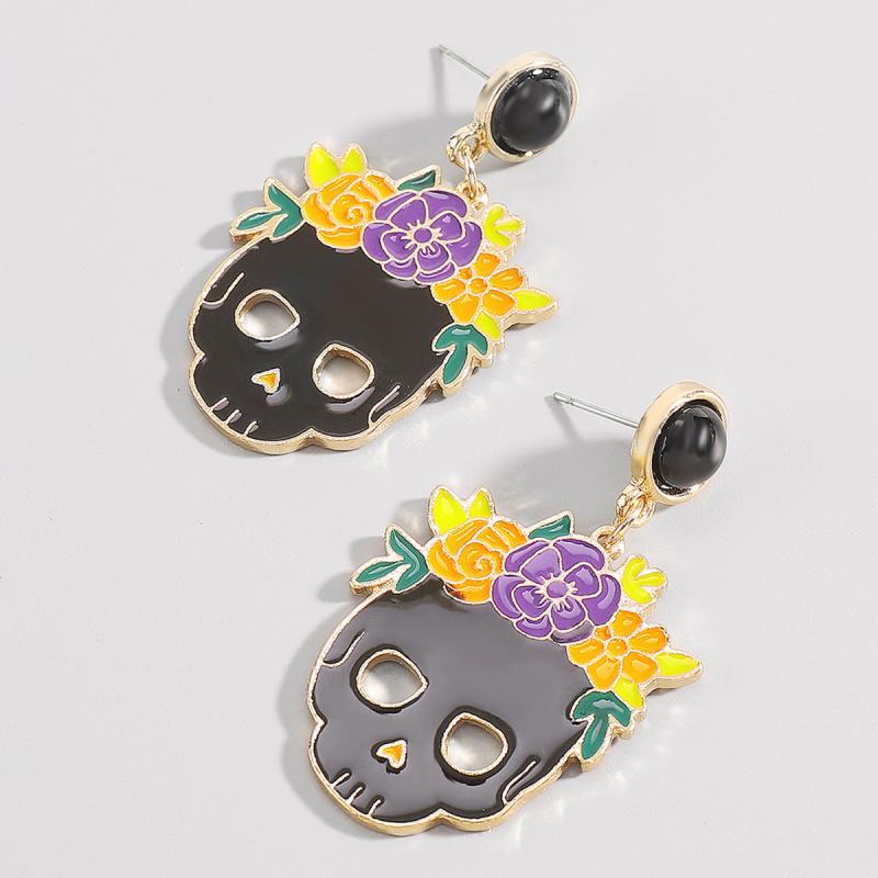 ピアス レディース 大ぶり スカル ハロウィン 滴油加工 個性派 フラワー アニメ風 ユニーク 合金 フェ..
