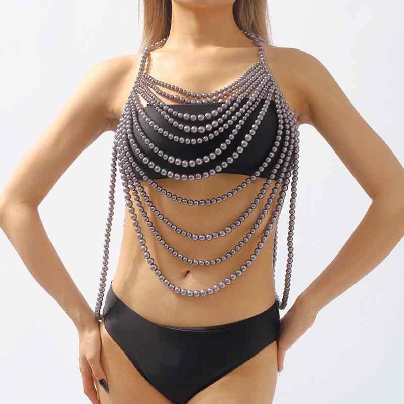ボディチェーン レディース パール 欧米風 レトロ 多層 透かし彫り セクシー 大胆 精巧なデザイン 不規則 アシンメトリー 幾何学模様 胸元アクセサリー 春夏 鉄 フェイクパール