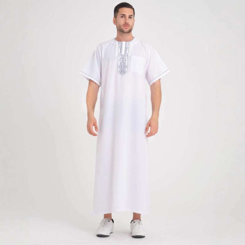 ロングシャツ メンズ プルオーバー 刺繍 ポケット付き 中東風 モロッコ風 民族風 トーブ風 ポリエステル 綿混 オールシーズン カジュアル