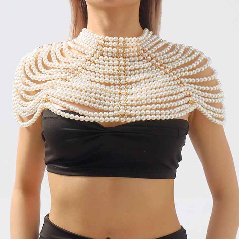 ボディーチェーン レディース 欧米スタイル レトロ 多層 フェイクパール 華やか エレガント オープンワーク 肩掛けデザイン ドレス アクセサリー フォーマル パーティー 結婚式 お呼ばれ 二次会 ベージュ