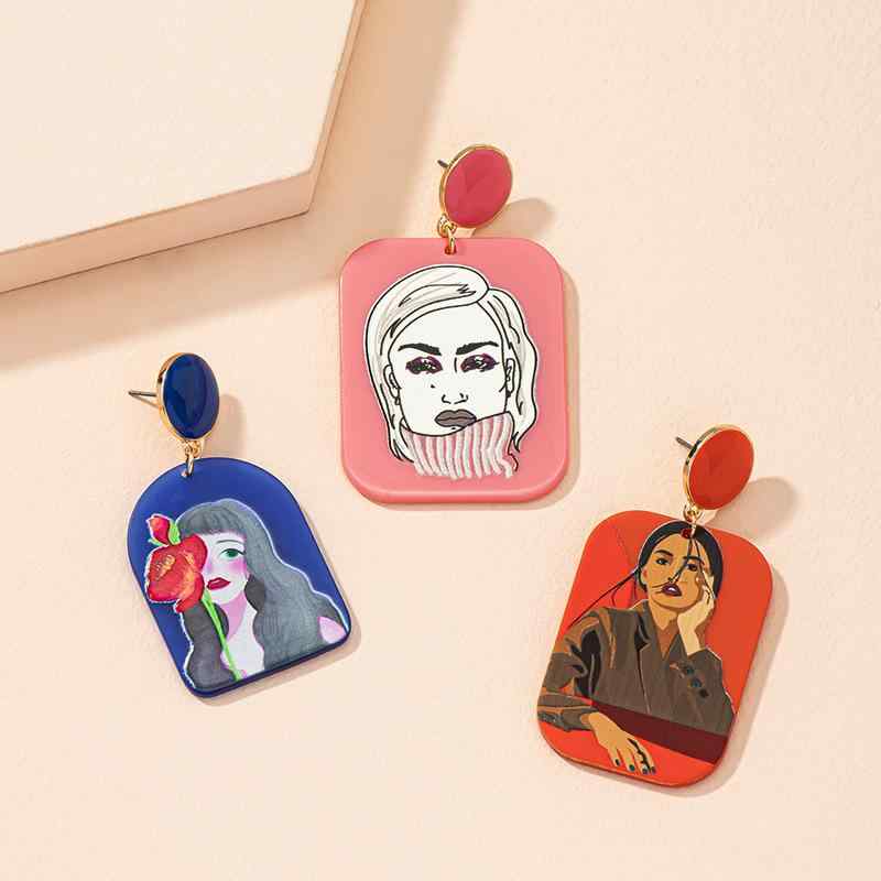 ピアス レディース アクリル 立体 プリント 浮き彫り スタッドピアス キャラクター 人物柄 幾何学 レトロ 個性派 デザイン 欧米風 おしゃれ(x2)(4)