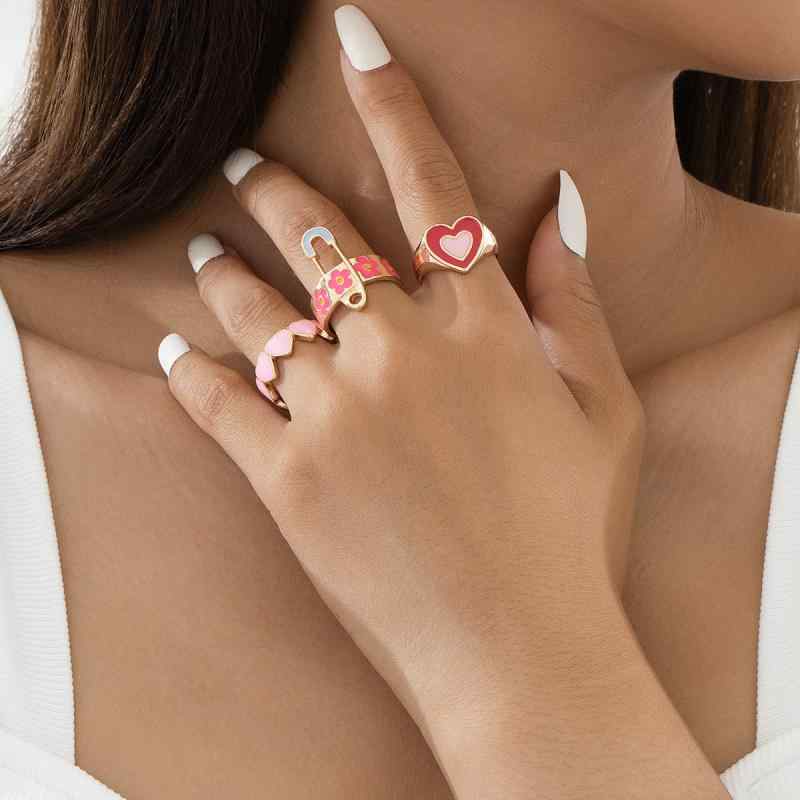 指輪 レディース 日韓風 ファッション レトロ調 個性的 デザイン フラワー ハートモチーフ 安全ピン バイカラー エナメル加工 合金 上品 大人かわいい 春夏アクセサリー(x2)