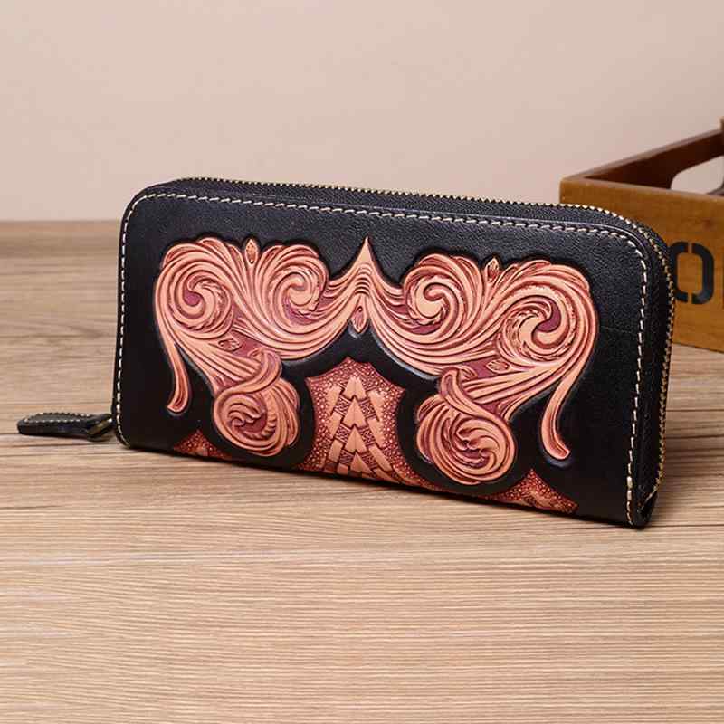 長財布 メンズ 男性用 和風 手作り 革彫刻 唐草模様 花柄 イタリアンレザー フルグレインレザー 縦型 ラウンドファスナー クラッチウォレット 大容量 内装本...