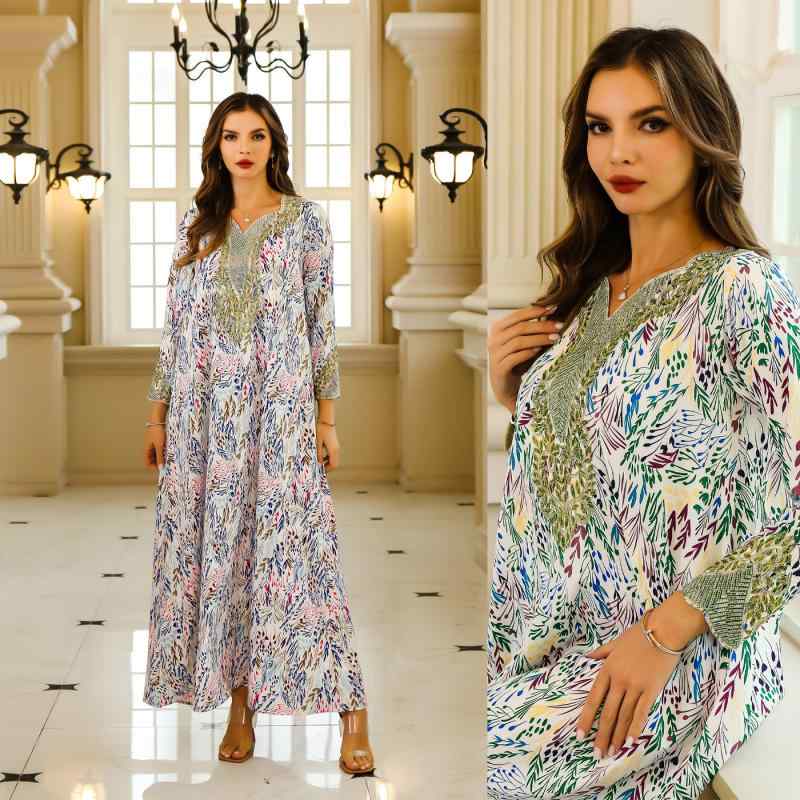 イブニングドレス レディース アバヤ ロングドレス ラインストーン装飾 ドバイ トルコ 中東風 ムスリム..