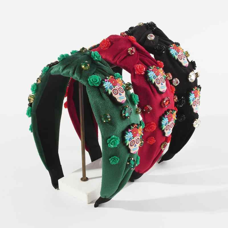 カチューシャ レディース ハロウィン スカル 立体フラワー 結び目 ベルベット調 個性的 大胆な存在感 クール スイート イベント 秋冬 ゴシック