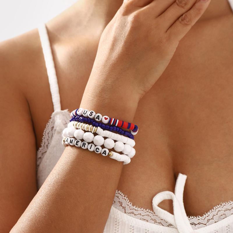 ブレスレット レディース アクリル ビーズ USA アルファベット 星条旗カラー コントラスト 重ね付け 手..