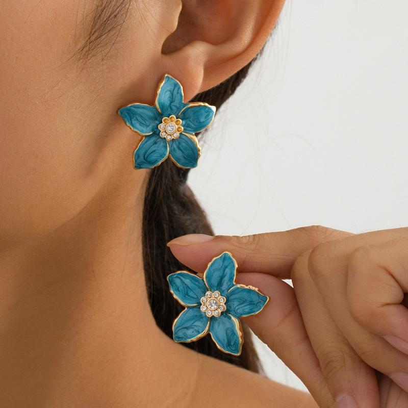 ピアス レディース カラフル 滴油加工 フラワー 花びら ラインストーン 合金製 韓国風 シンプル 上品 ..