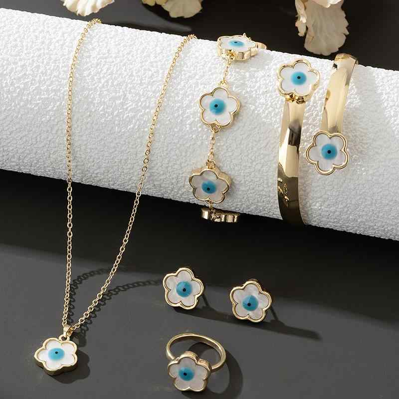 レディース ジュエリーセット 幸運の五つ葉のクローバー 悪魔の目 エナメル加工 個性的デザイン 合金製 電気メッキ加工 ネックレス ブレスレット イヤリング