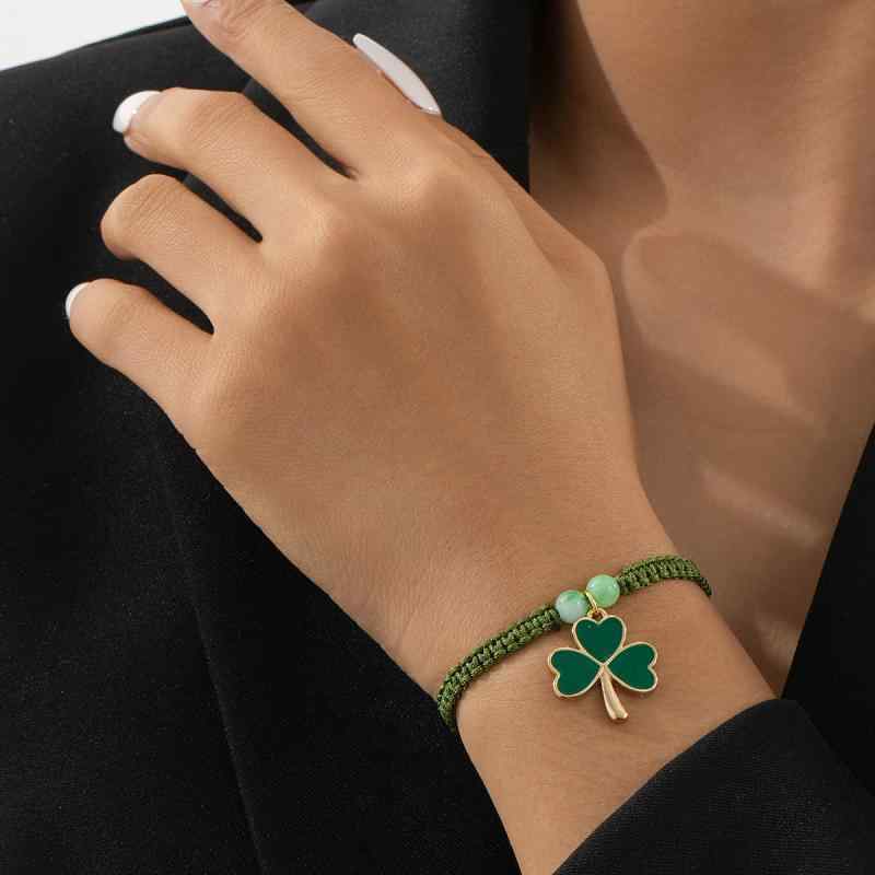 ブレスレット 男女兼用 ペア アイルランド イベント ラッキーアイテム 緑色 ドロップオイル エナメル加工 クローバー チャーム 紐 編み込み シンプル カジュアル トレンド アクセサリー プレゼント ギフト
