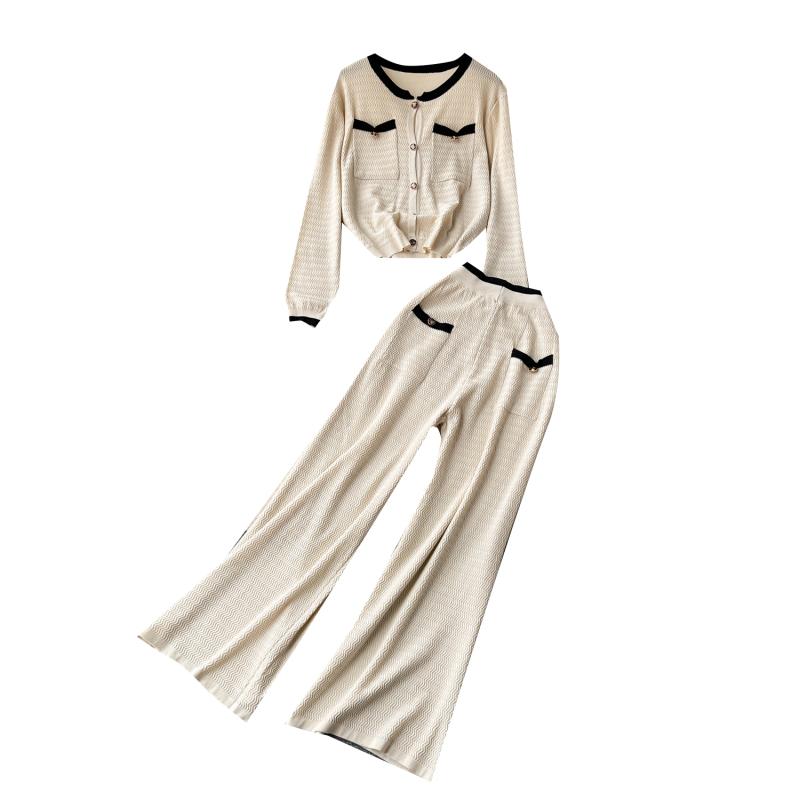 セットアップ レディース ニット 上品 エレガント 高級感 パフスリーブ 長袖ブラウス ハイウエスト 落ち感 ロングパンツ 秋冬 通勤 オフィス シェニール
