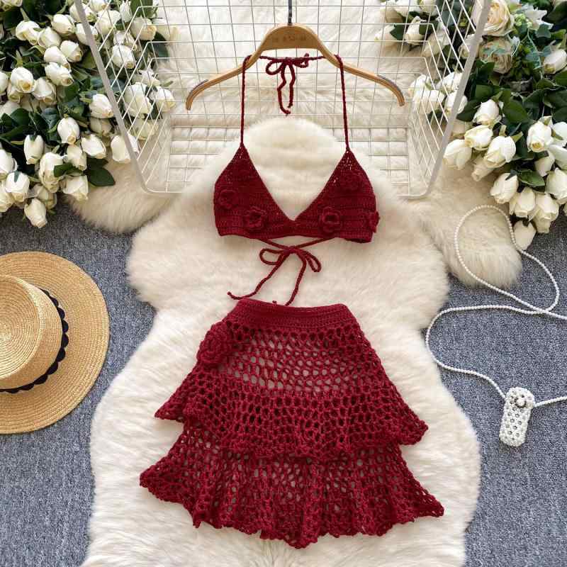 セットアップ レディース 春夏 リゾート バカンス ビーチ 立体フラワー 花柄 透かし編み ニット キャミ..