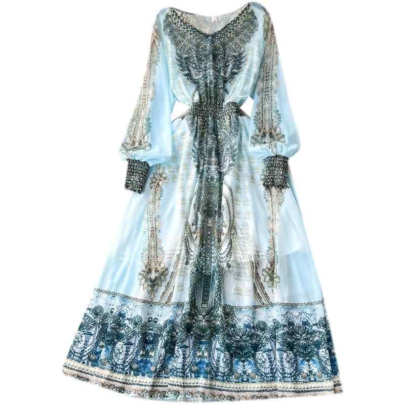 ワンピース レディース 春夏 薄手 シフォン フレンチ レトロ ファッション 高級感 Vネック ハイウエスト ウエストマーク ランタンスリーブ長袖 花柄 プリント Aライン ロング丈フレアスカート きれいめ 通勤