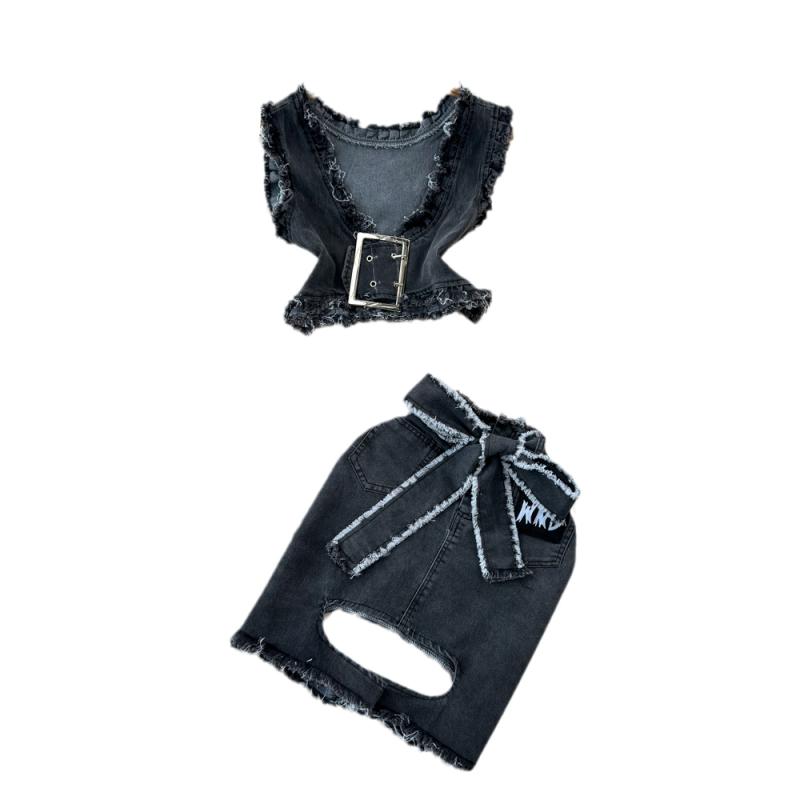 セットアップ レディース レトロ Vネック フリル ノースリーブ デニム トップス ツーピース ハイウエスト タイトスカート 通勤 きれいめ ストレッチ 無地