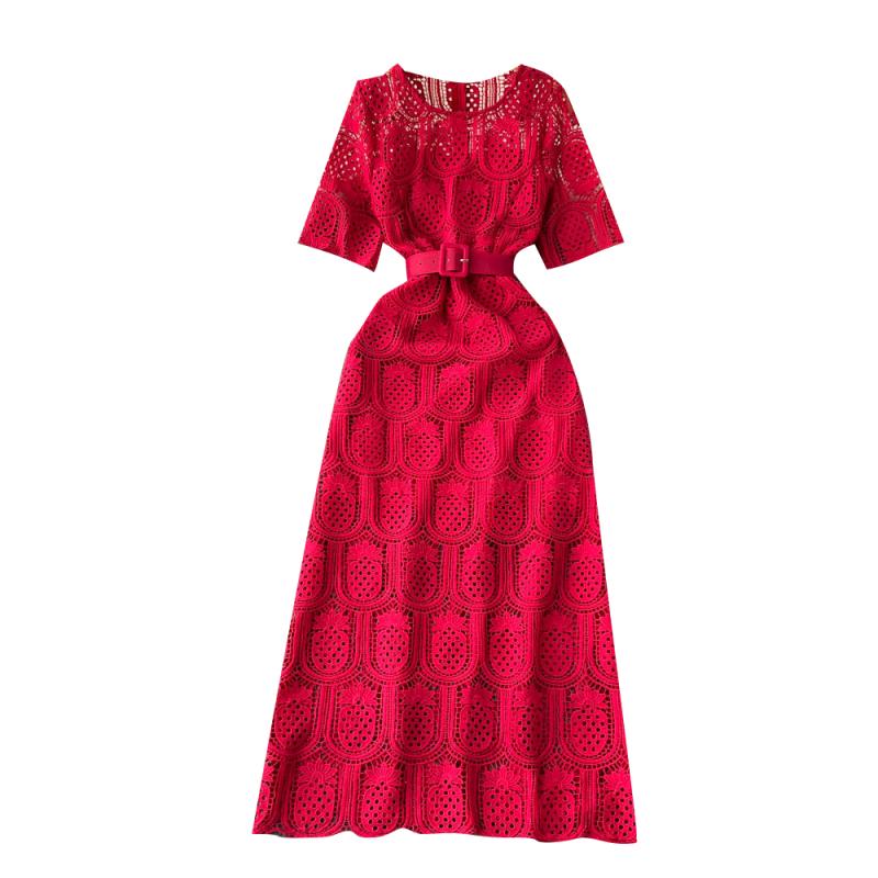 ワンピース レディース 春夏 ラウンドネック 半袖 レース 透かし編み クロシェ ウエストマーク Aライン ハイウエスト ロング丈 エレガント 上品 きれいめ
