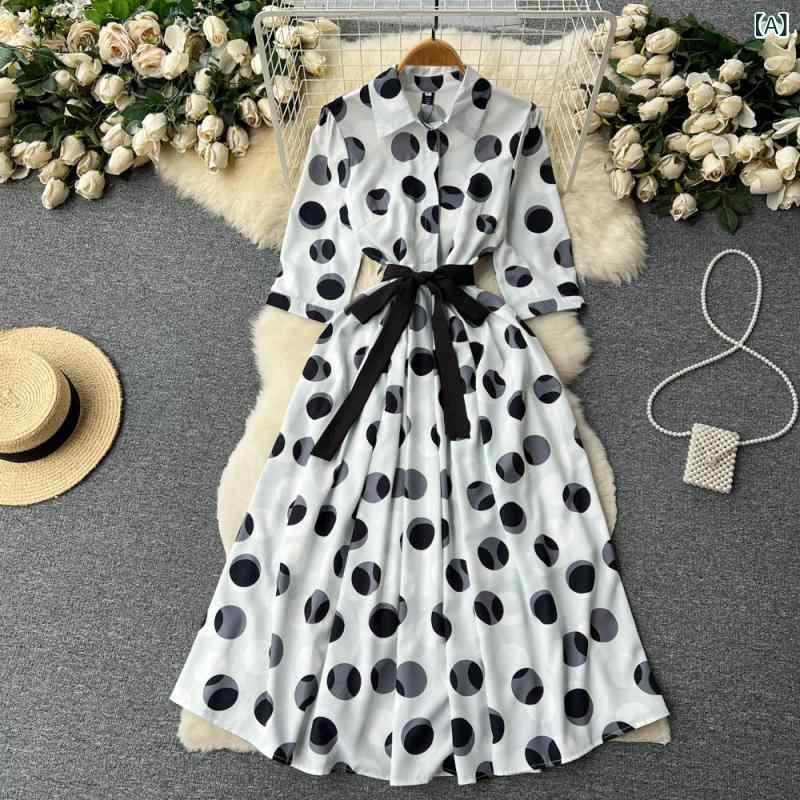 ワンピース レディース 細見え ウエストマーク ポロ襟 シャツワンピース Aライン ハイウエスト ミモレ丈 五分袖 フレンチスタイル 夏 上品 大人かわいい 白