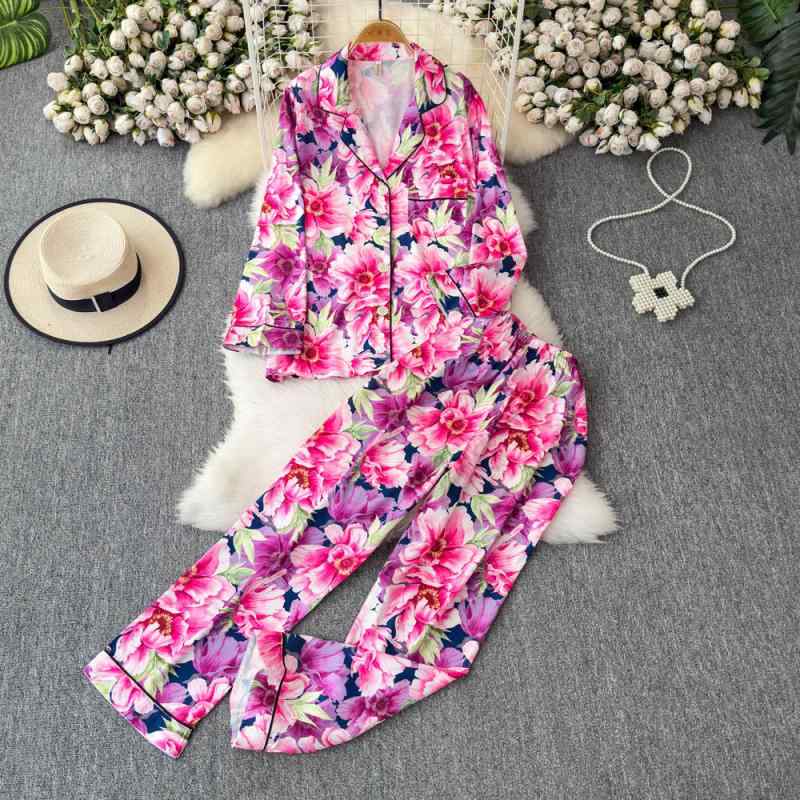 セットアップ レディース 欧米風 ファッション おしゃれ カジュアル 体型カバー 着痩せ 上品 花柄トップス ストレートパンツ 2点セット 春夏 通勤 オフィス お出かけ
