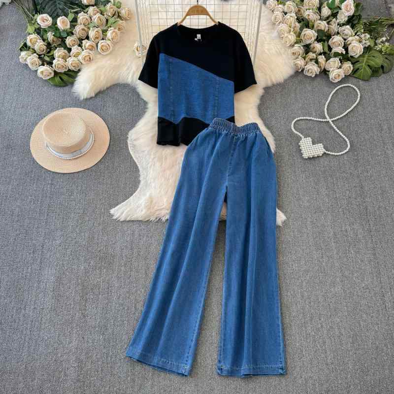 セットアップ レディース 通勤 オフィス きれいめ カジュアル 切り替え バイカラー 半袖トップス ハイウエスト ワイド デニムパンツ シェニール素材 ストレッチ 春夏