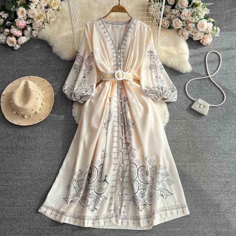 ワンピース レディース 春秋 レトロ 宮廷風 エレガント Vネック ランタンスリーブ 着痩せ ウエストマー..