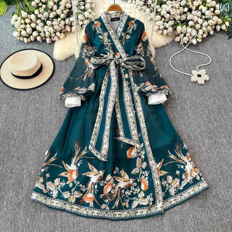 ワンピース レディース 秋 フレンチテイスト 高級感 ウエストリボン 花柄 Vネック Aライン ランタンスリーブ ロング丈 エレガント 通勤スタイル