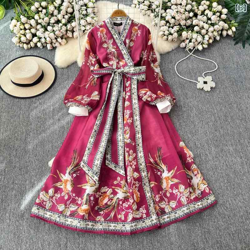 ワンピース レディース 秋 フレンチテイスト 高級感 ウエストリボン 花柄 Vネック Aライン ランタンスリーブ ロング丈 エレガント 通勤スタイル