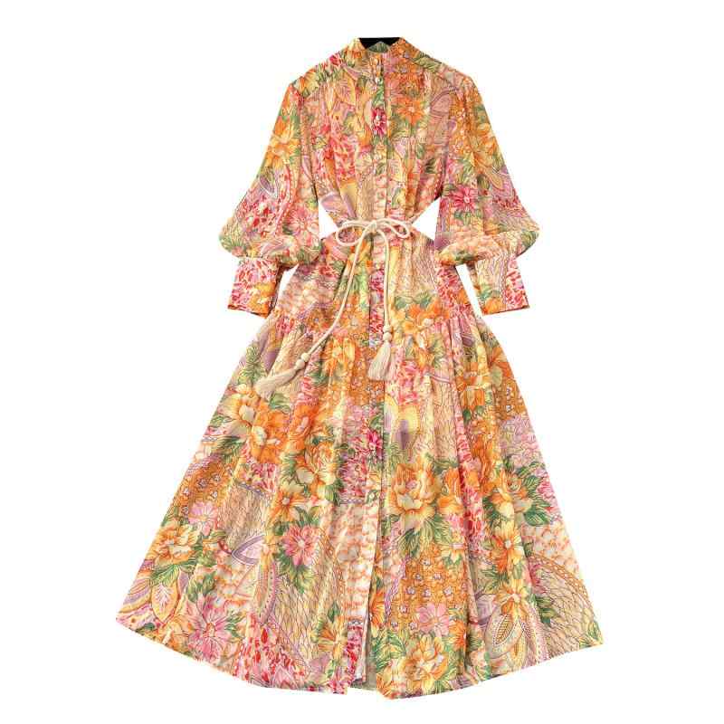 ワンピース レトロ スタンドカラー バルーンスリーブ プリーツ ウエストマーク プリント Aライン ハイウエスト ミモレ丈 きれいめ 通勤 ポリエステルレーヨン素材 イエロー