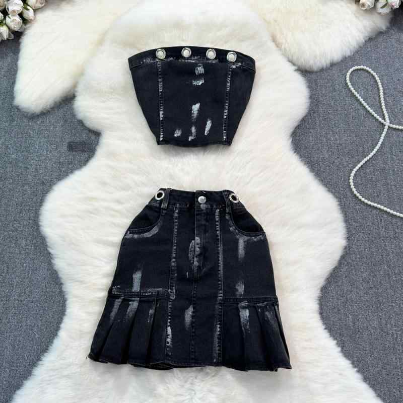 セットアップ レディース オフショルダー チューブトップ デニムベスト ハイウエスト 細見え Aラインスカート 大人カジュアル きれいめ 通勤 セクシー