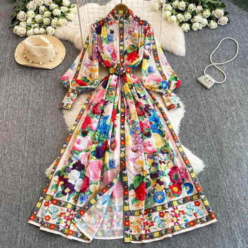 ワンピース レディース 着痩せ効果 体型カバー 秋 レトロ クラシック スタンドカラー ランタンスリーブ 花柄 マルチカラー ハイウエスト ウエストマーク フレア Aライン ロング丈 きれいめ 通勤 オフィス